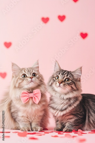 two cats one wearing a pink bow on a pastel pink solid color background, heart confetti, Valentines Day card
