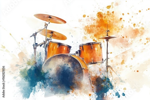 A colorful illustration of a drum set on watercolor background