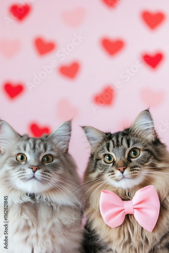 two cats one wearing a pink bow on a pastel pink solid color background, heart confetti, Valentines Day card