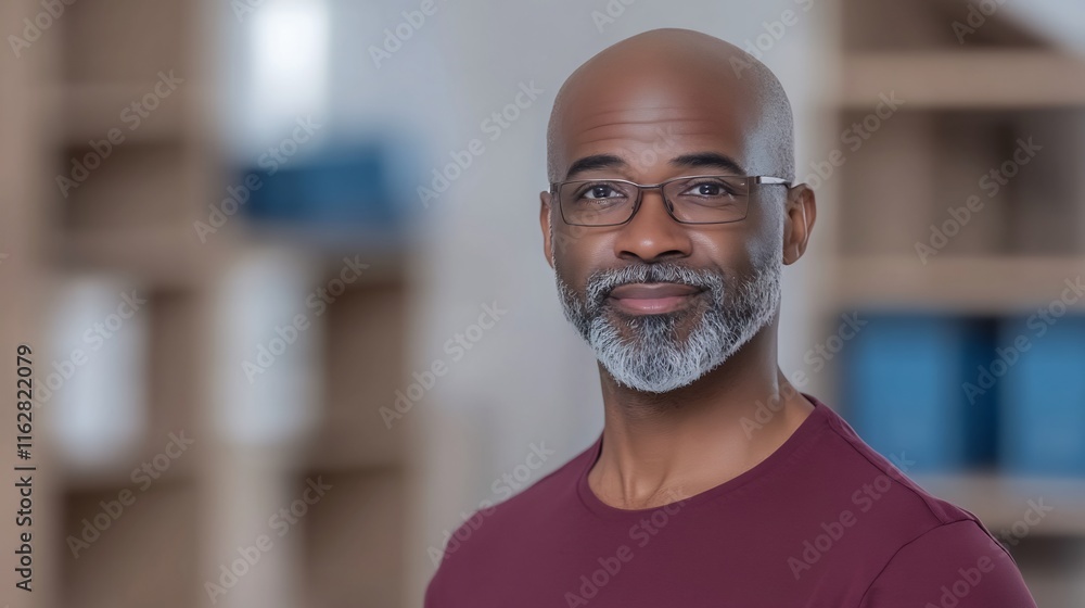 Obraz premium Close-up Photo: Confidently Smiling Man with Graying Beard in Modern Office Setting. AI Generated