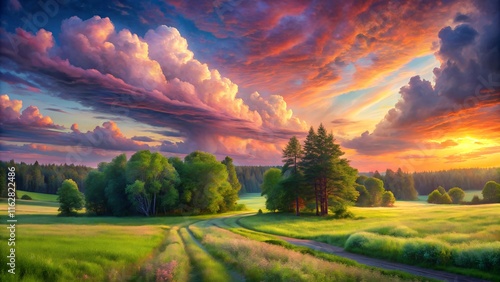 astonishing superb masterpiece landscape depicting verdant field fringed with woods photo