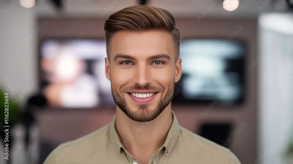 Obraz premium Close-up Photo: Confidently Smiling Man, Modern Office Background. AI Generated