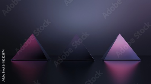 Three black triangular pyramids are lit up in a dark room photo