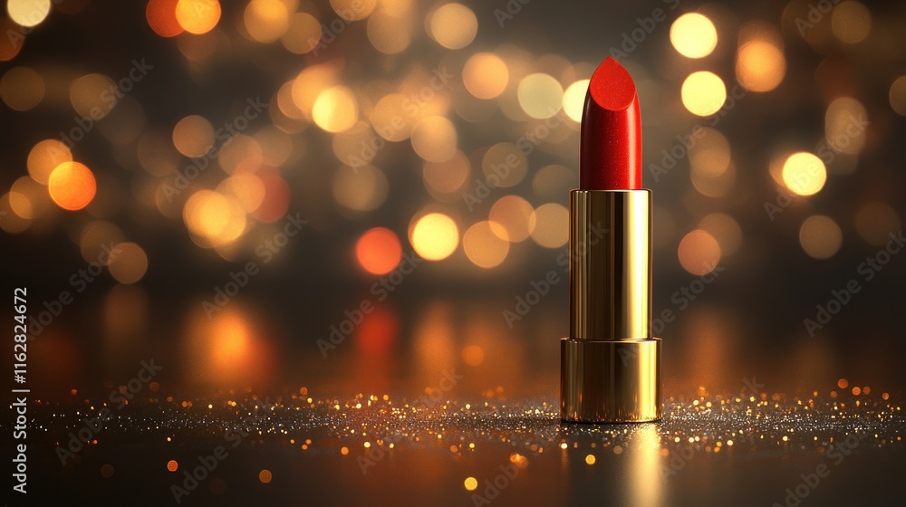 Red lipstick on gold tube, bokeh background. Red lipstick on gold tube, bokeh background.