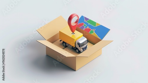 Map Pointer with an Isometric 3D Truck Icon for Delivery and Logistics Illustration, Generative Ai.