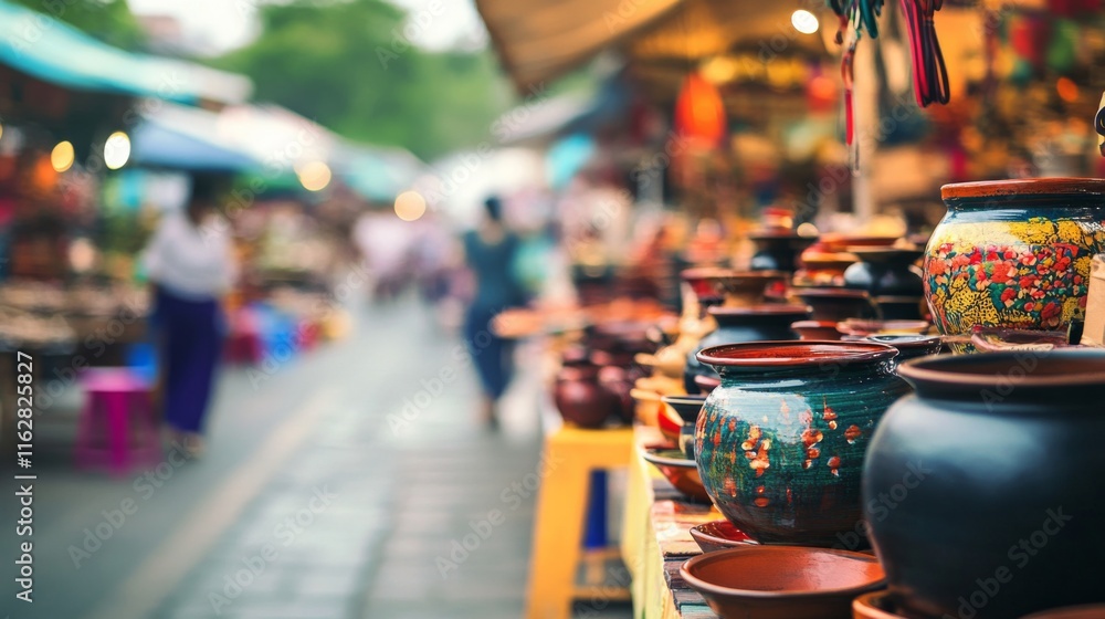Obraz premium Handmade Pottery Display at Vibrant Market Scene