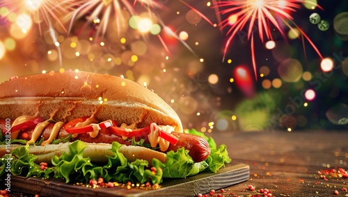 A delicious hot dog with all the fixings, perfect for a festive celebration. The vibrant colors and celebratory background make this a great image for any occasion.