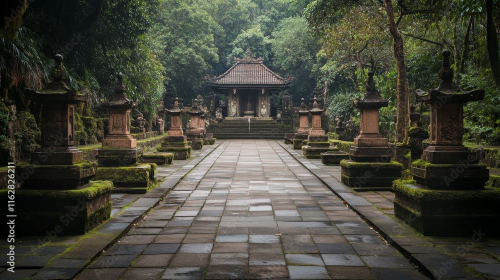 Lush Garden with Symmetrical Shrines and Soft Lighting Lush Garden with Symmetrical Shrines and Soft Lighting