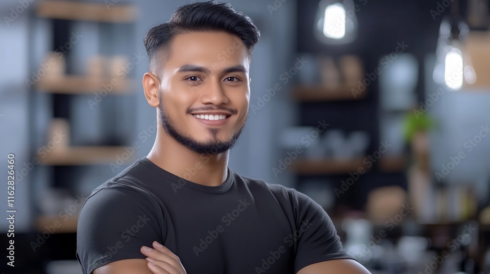 Close-up Photo: Confidently Smiling Man in Modern Cafe Setting. AI Generated