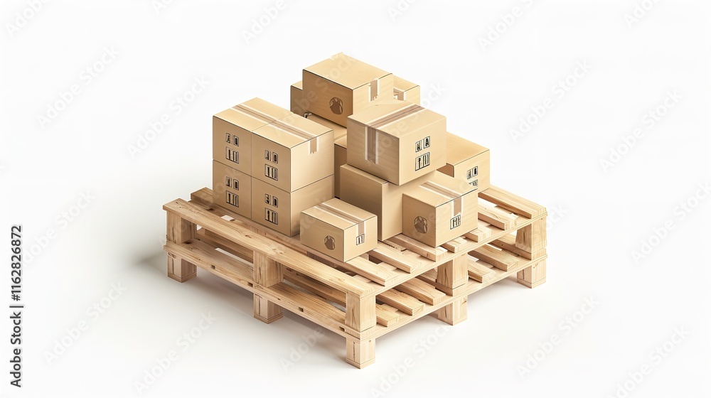 Storage and Transportation, Isometric 3D Wood Pallet with Stacked Cardboard Boxes, Generative Ai. Storage and Transportation, Isometric 3D Wood Pallet with Stacked Cardboard Boxes, Generative Ai.