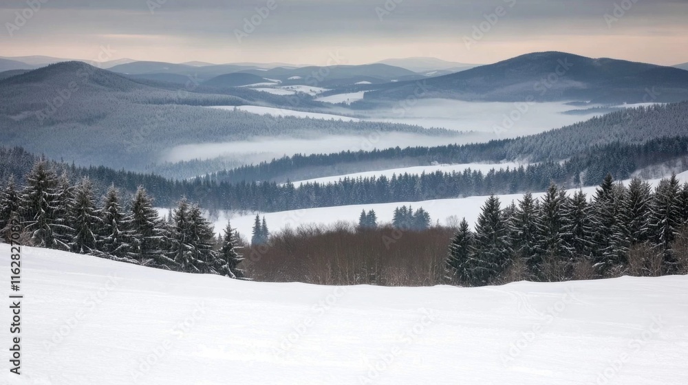 Misty Snow-Covered Mountains with Soft Lighting Misty Snow-Covered Mountains with Soft Lighting