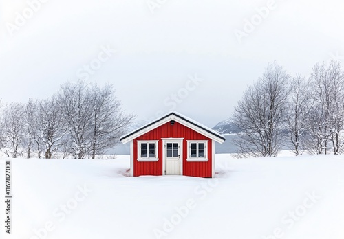 Red Cabin in Snowy Winter Landscape: Minimalist Scandanavian Cottage photo