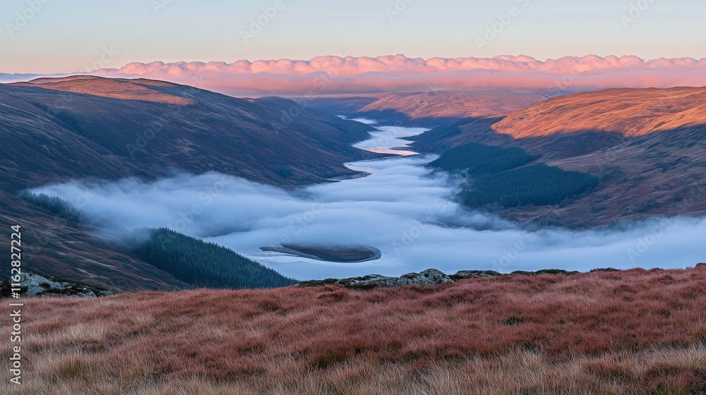 Obraz premium Misty Valleys with Winding Rivers at Dawn