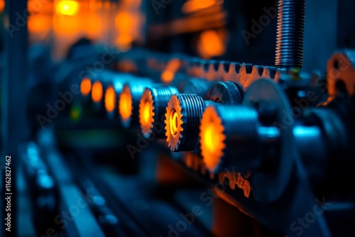 Close-up of vibrant gears and machinery showcasing intricate details and mesmerizing colors in an industrial setting.