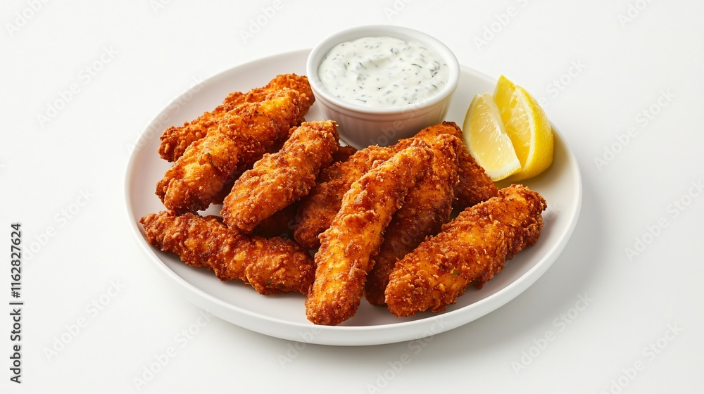 Crispy homemade fish sticks on a white plate, isolated on a clean white background with a side of lemon wedges and tartar sauce Crispy homemade fish sticks on a white plate, isolated on a clean white background with a side of lemon wedges and tartar sauce