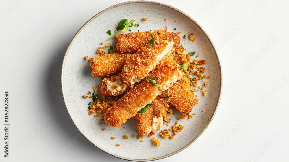 Deconstructed fish sticks with chunks of fried fish and decorative breadcrumbs, isolated on a modern plate Deconstructed fish sticks with chunks of fried fish and decorative breadcrumbs, isolated on a modern plate
