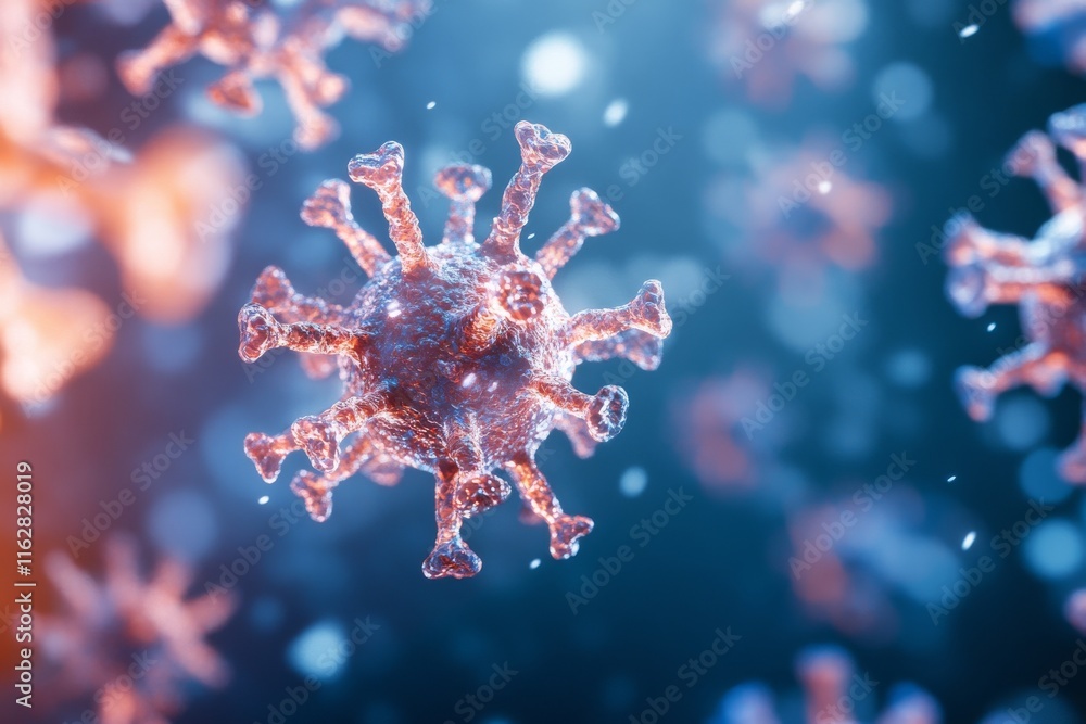 Close-up view of a virus particle, showcasing intricate textures in vibrant colors for educational and scientific purposes. Close-up view of a virus particle, showcasing intricate textures in vibrant colors for educational and scientific purposes.