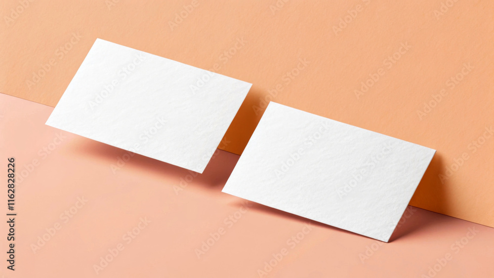 Two blank cards are positioned against a soft peach background, casting gentle shadows. The overall composition is minimalistic and balanced, emphasizing simplicity and elegance.AI generated.