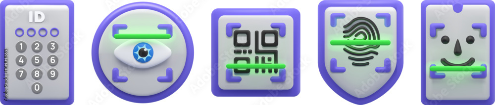 3D QR code. Biometric face scan. Cyber ID recognition. Authenticate scanner. Eye facial shield. Identification password. Fingerprint scanning. Digital protection. Vector render icons set 3D QR code. Biometric face scan. Cyber ID recognition. Authenticate scanner. Eye facial shield. Identification password. Fingerprint scanning. Digital protection. Vector render icons set