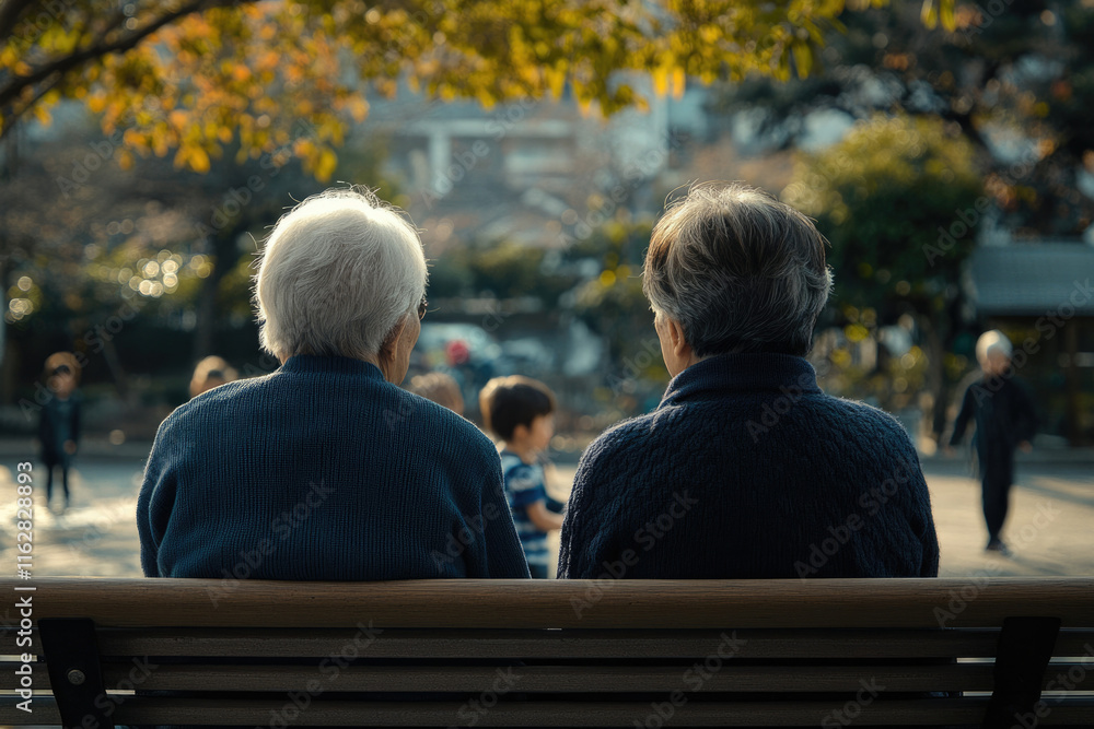 Two elderly people sit on a park bench, enjoying the autumnal scenery and the background activities. Two elderly people sit on a park bench, enjoying the autumnal scenery and the background activities.