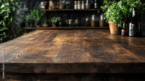 Rustic wooden table top with blurred background of herbs and spices. photo