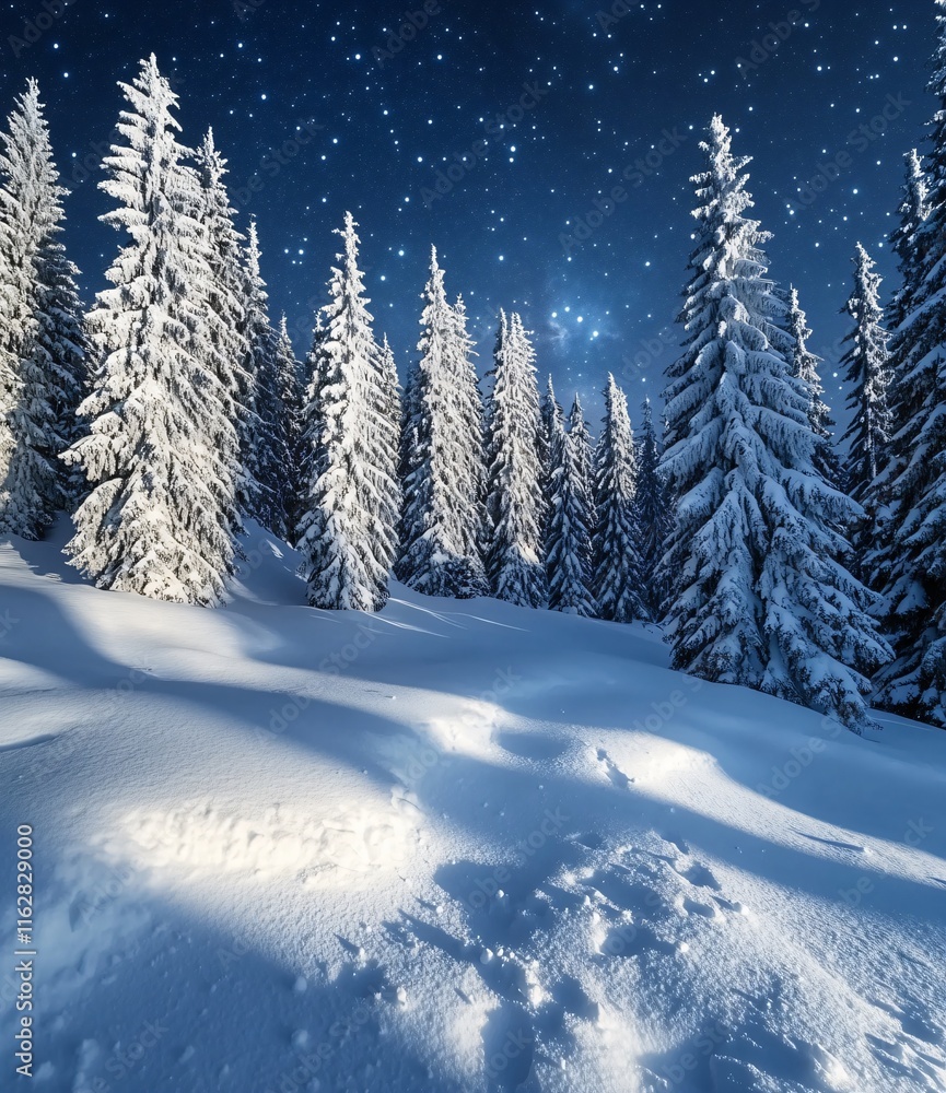 Naklejka premium Magical Winter Night: Snow Covered Forest Under Starry Sky