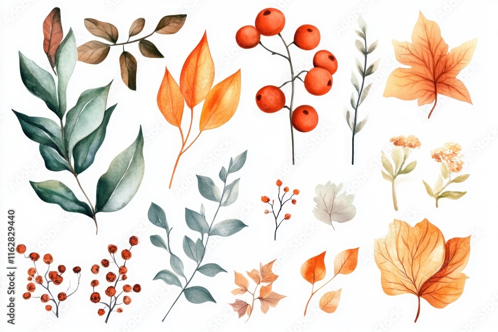 Fototapeta premium A colorful arrangement of watercolor leaves and berries