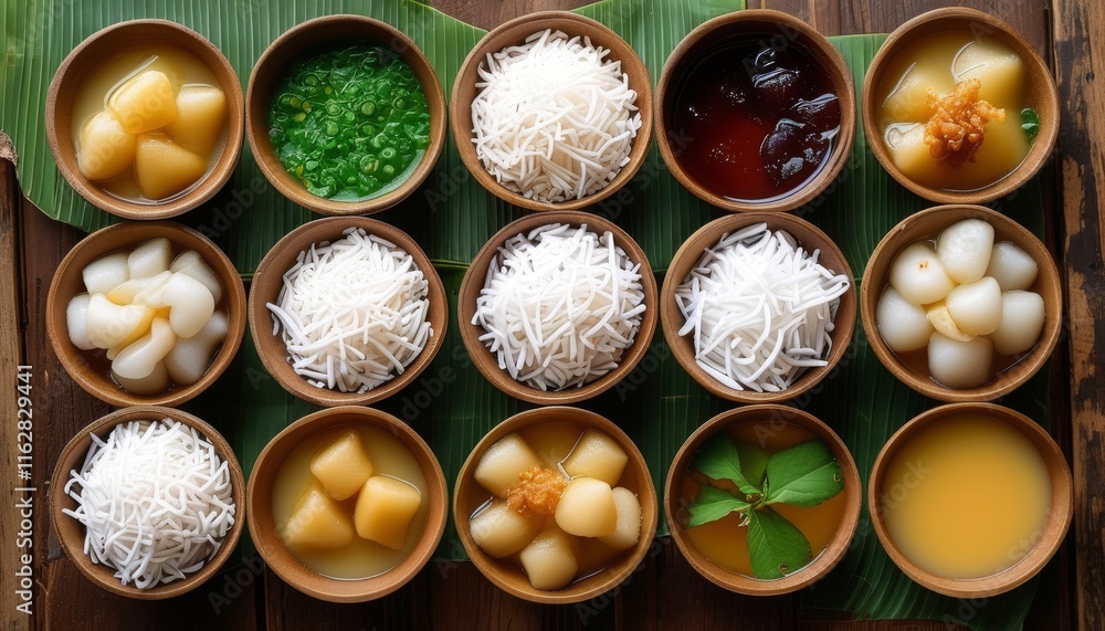 Colorful Array of Laos Dessert Bowls with Various Toppings and Textures on Wooden Table Colorful Array of Laos Dessert Bowls with Various Toppings and Textures on Wooden Table