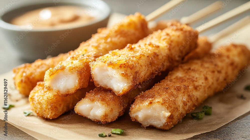 Fish sticks skewered on wooden sticks, isolated on a BBQ-themed backdrop with a small bowl of tangy sauce Fish sticks skewered on wooden sticks, isolated on a BBQ-themed backdrop with a small bowl of tangy sauce