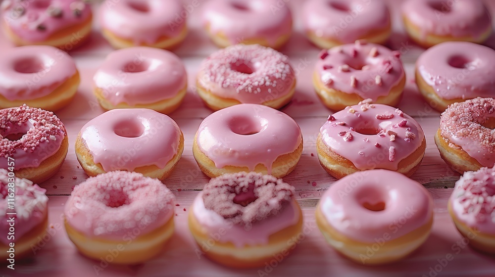 Assortment of freshly baked delicious donuts, pink, top view. Assortment of freshly baked delicious donuts, pink, top view.