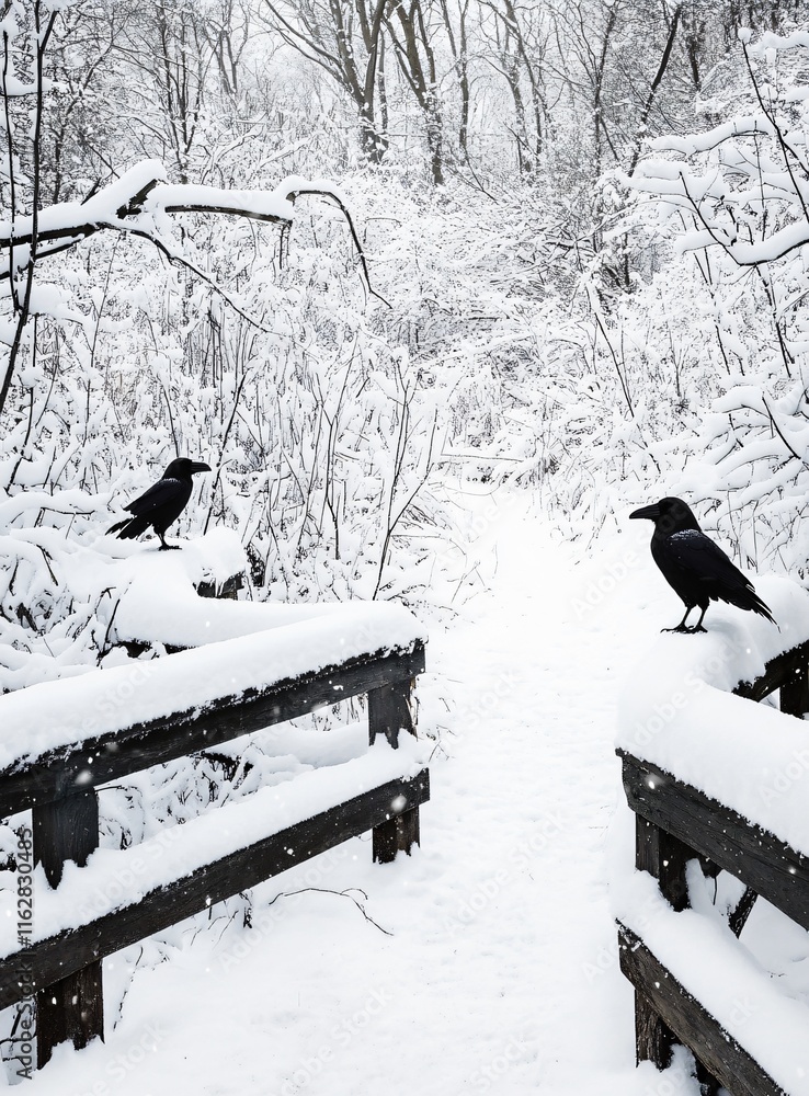 Fototapeta premium Two Crows on Snow Covered Bridge in Winter Woods