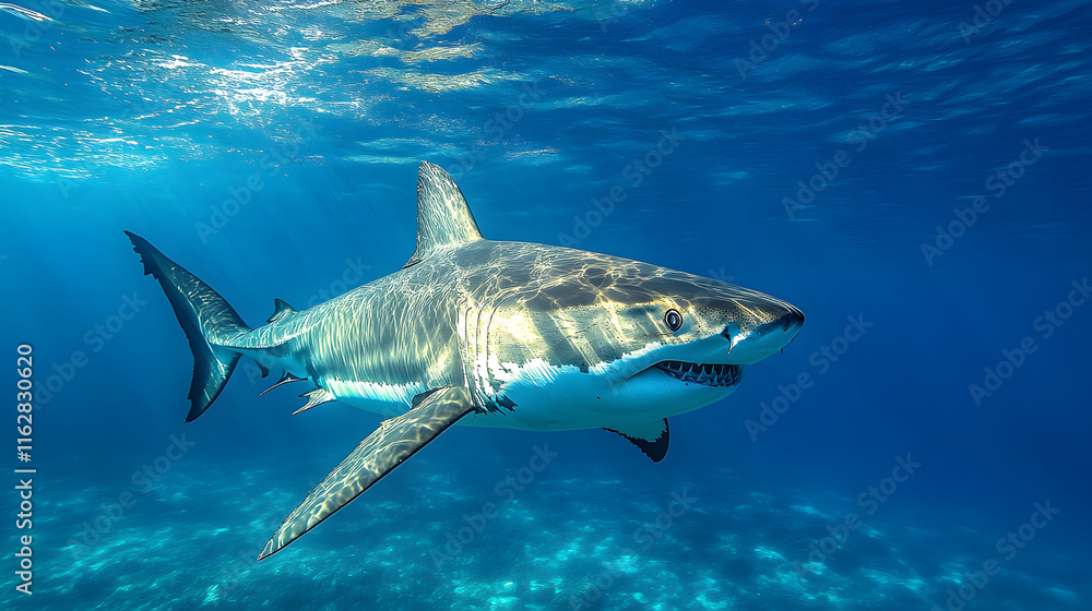 Fototapeta premium majestic shark gliding through crystal-clear blue ocean waters. A stunning depiction of marine life, showcasing the beauty and power of an apex predator in its natural habitat.