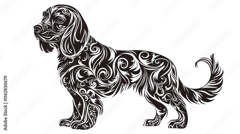 Fototapeta premium Decorative cocker spaniel silhouette with floral ornaments creating an intricate design