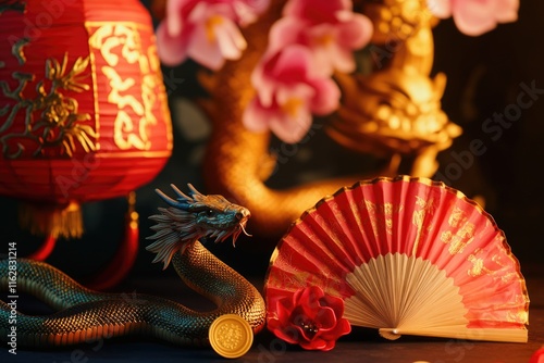 A decorative oriental fan and a figurine of a snake, useful for cultural or historical themed images photo