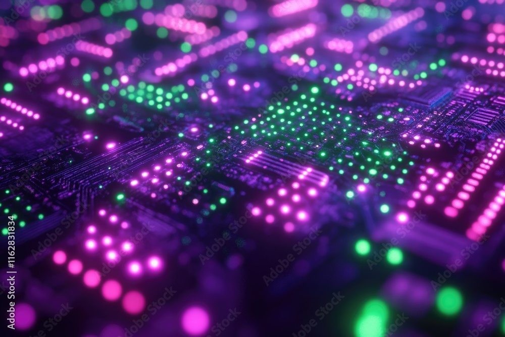 Obraz premium A detailed view of a circuit board with numerous lights and electronic components