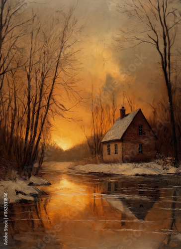 Winter Cabin in the Woods Artistic Background made with AI