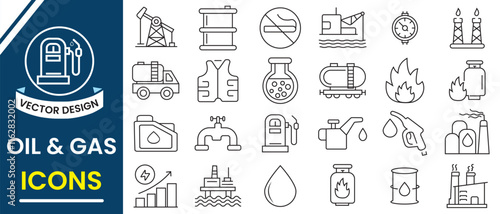Oil and gas icon, vector set. Petroleum, oil and gas industry line icons collection. Fuel, refinery, petroleum, oil well, gas pump, platform, lubricant, oil barrel and more. Vector illustration.