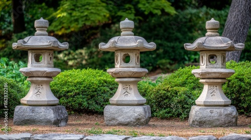 Tranquil Garden with Stone Lanterns and Soft Lighting
