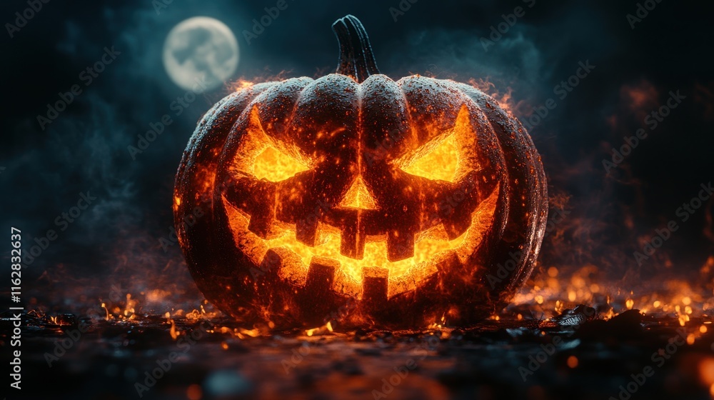 Naklejka premium Flaming Halloween pumpkin on fire under a full moon.
