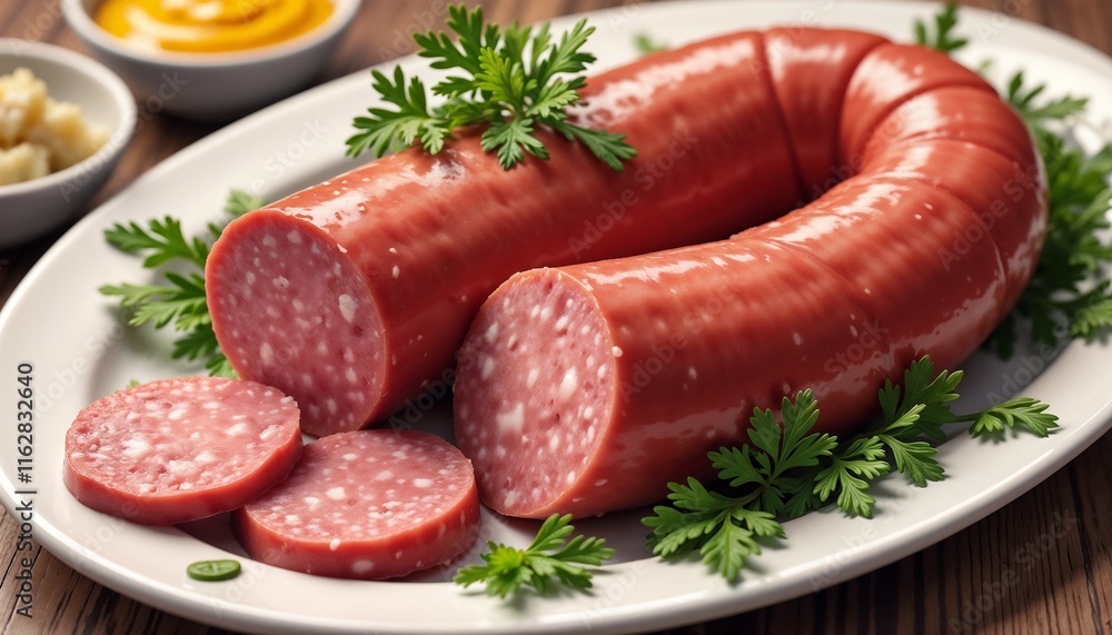 liver sausage on a platter with fresh greens and sauces in the background liver sausage on a platter with fresh greens and sauces in the background
