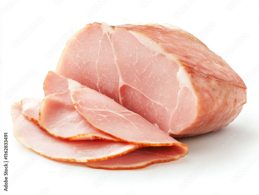 Freshly sliced ham showcasing its tender texture and rich color, perfect for sandwiches or gourmet dishes. Freshly sliced ham showcasing its tender texture and rich color, perfect for sandwiches or gourmet dishes.