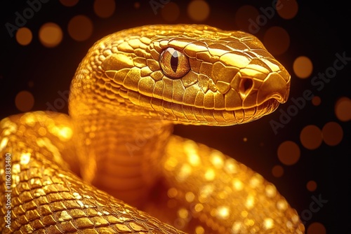 A golden snake coils on a dark black background photo