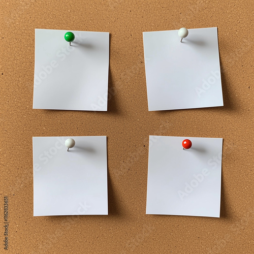 4 Notas brancas presas em mural de cortiça com alfinetes coloridos