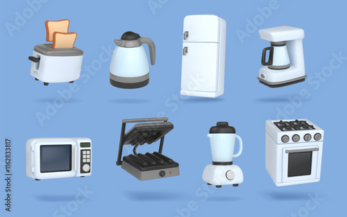 Kitchen icons. Home furniture. Electric microwave. Fridge and blender. 3D household appliance. Food preparation minimal elements. Domestic toaster and kettle. Vector cooking equipment set