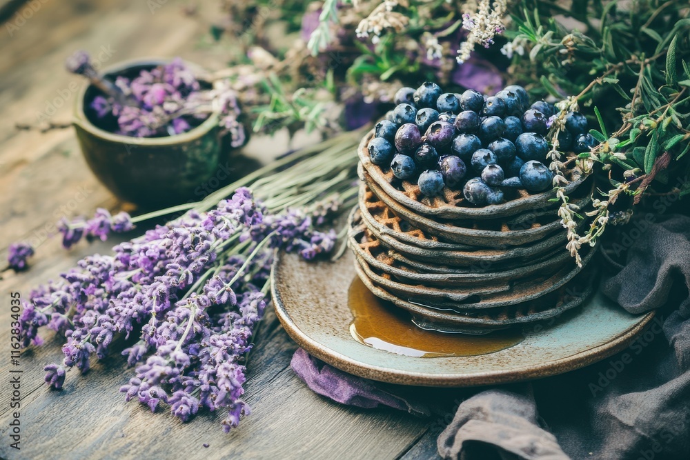 Delicious Waffles Topped with Fresh Blueberries and Drizzled with Syrup on a Simple Wooden Table Bathed in Golden Sunlight Surrounded by Lavender Flowers Delicious Waffles Topped with Fresh Blueberries and Drizzled with Syrup on a Simple Wooden Table Bathed in Golden Sunlight Surrounded by Lavender Flowers