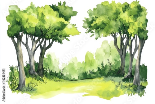 Watercolor art of a lush green forest, perfect for nature or environment-themed projects photo