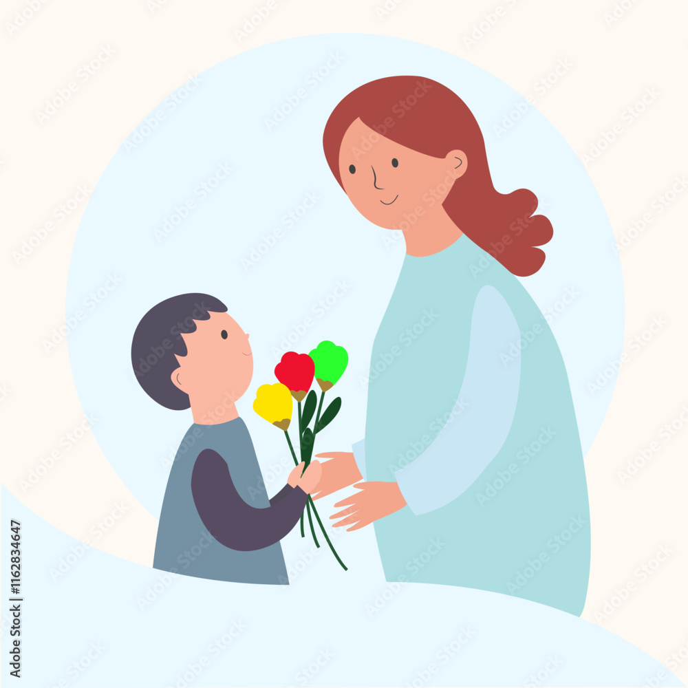 Mother's day: modern illustration of mom and son for greetings and design Mother's day: modern illustration of mom and son for greetings and design