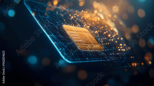 Digital wireframe credit card, futuristic bank payment technology, financial polygon transaction design, electronic money hologram