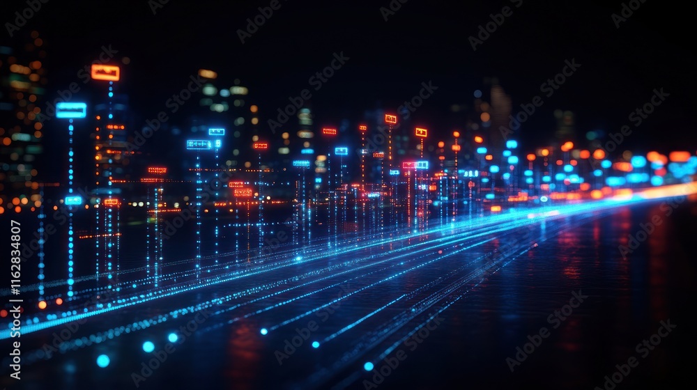 Fototapeta premium Futuristic city at night with glowing digital data streams.