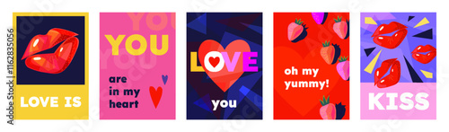 Heart background. Love day pattern, abstract art paper poster with pink and red modern shapes, digital wallpaper. Strawberry heart and sexy lips. Card romantic. Vector contemporary illustration